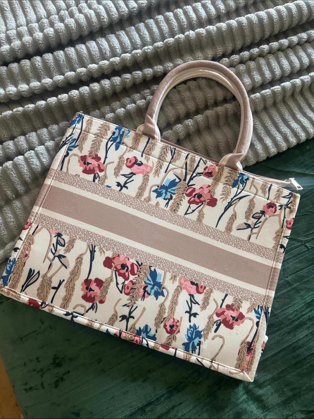 Floral Stripe Top-Handle Tote Bag in Blush and Cream